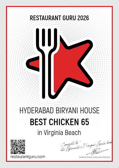 Restaurant Guru 2026 Best Chicken 65 award for Hyderabad Biryani House
